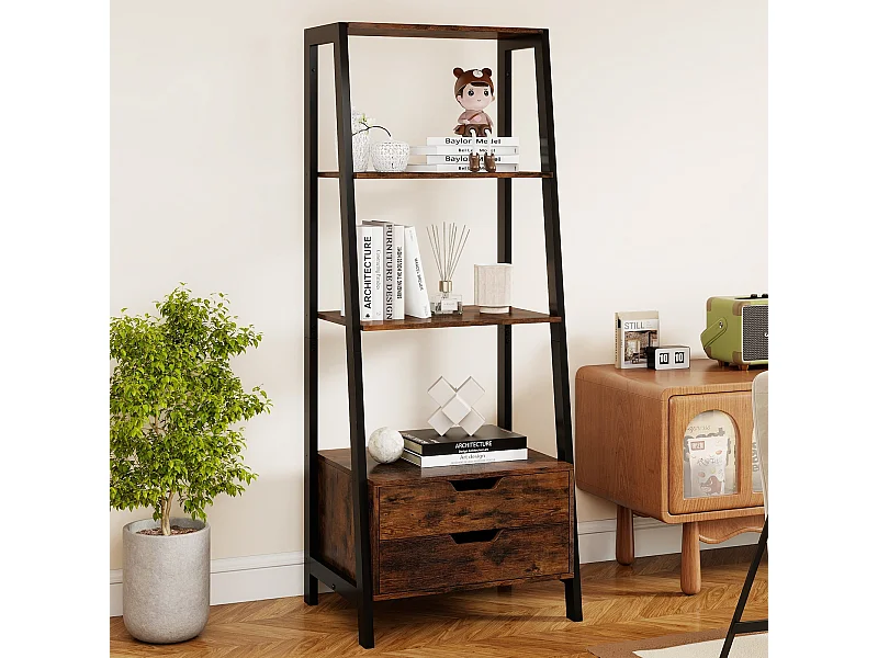 Libreria a scaletta free standing 134 cm con 4 ripiani aperti e 2 cassetti versatile scaffale in piedi marrone