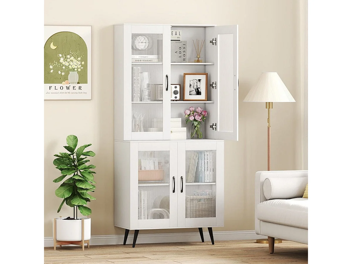 Mobile da cucina alto con 4 ante trasparenti e ripiano regolabile Mobile da cucina a buffet bianco