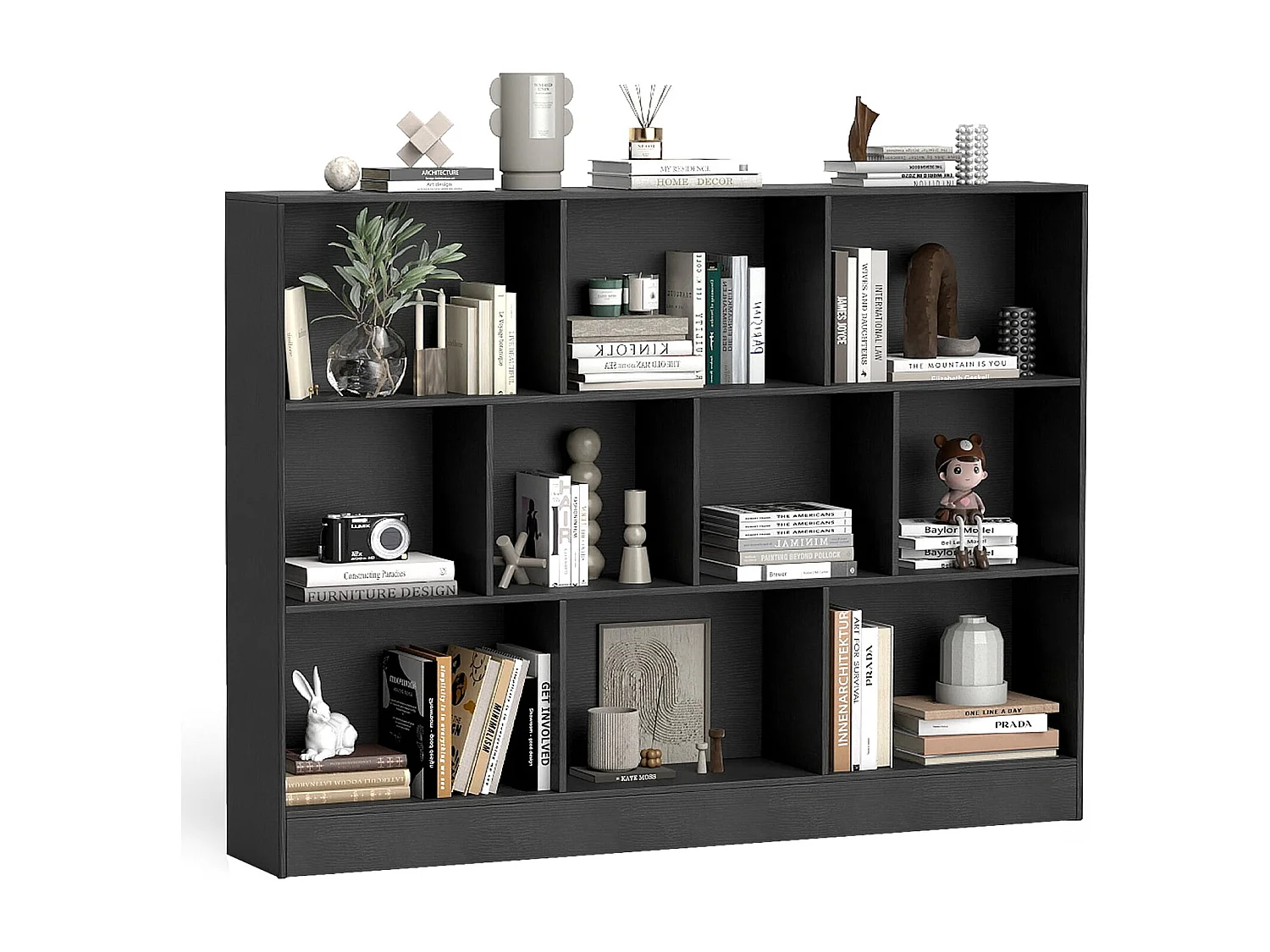 Bücherregal mit 10 Fächern freistehendes Aufbewahrungsregal mit 3 Ebenen und 2 Kippschutz-Sets Schwarz