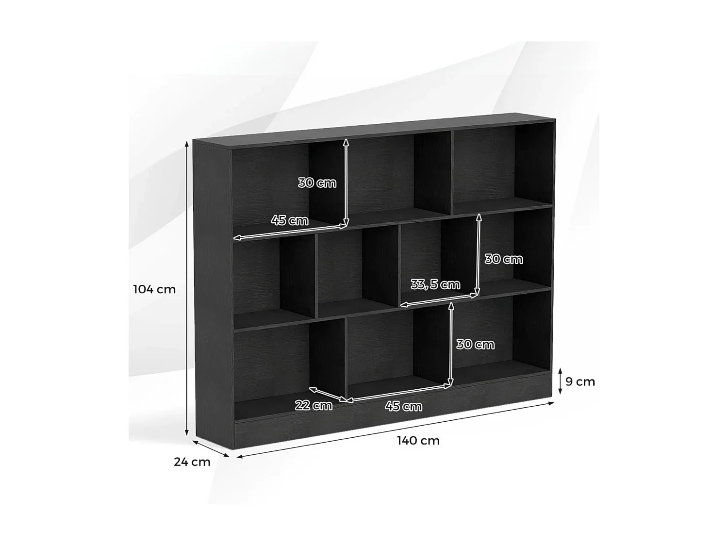 Bücherregal mit 10 Fächern freistehendes Aufbewahrungsregal mit 3 Ebenen und 2 Kippschutz-Sets Schwarz