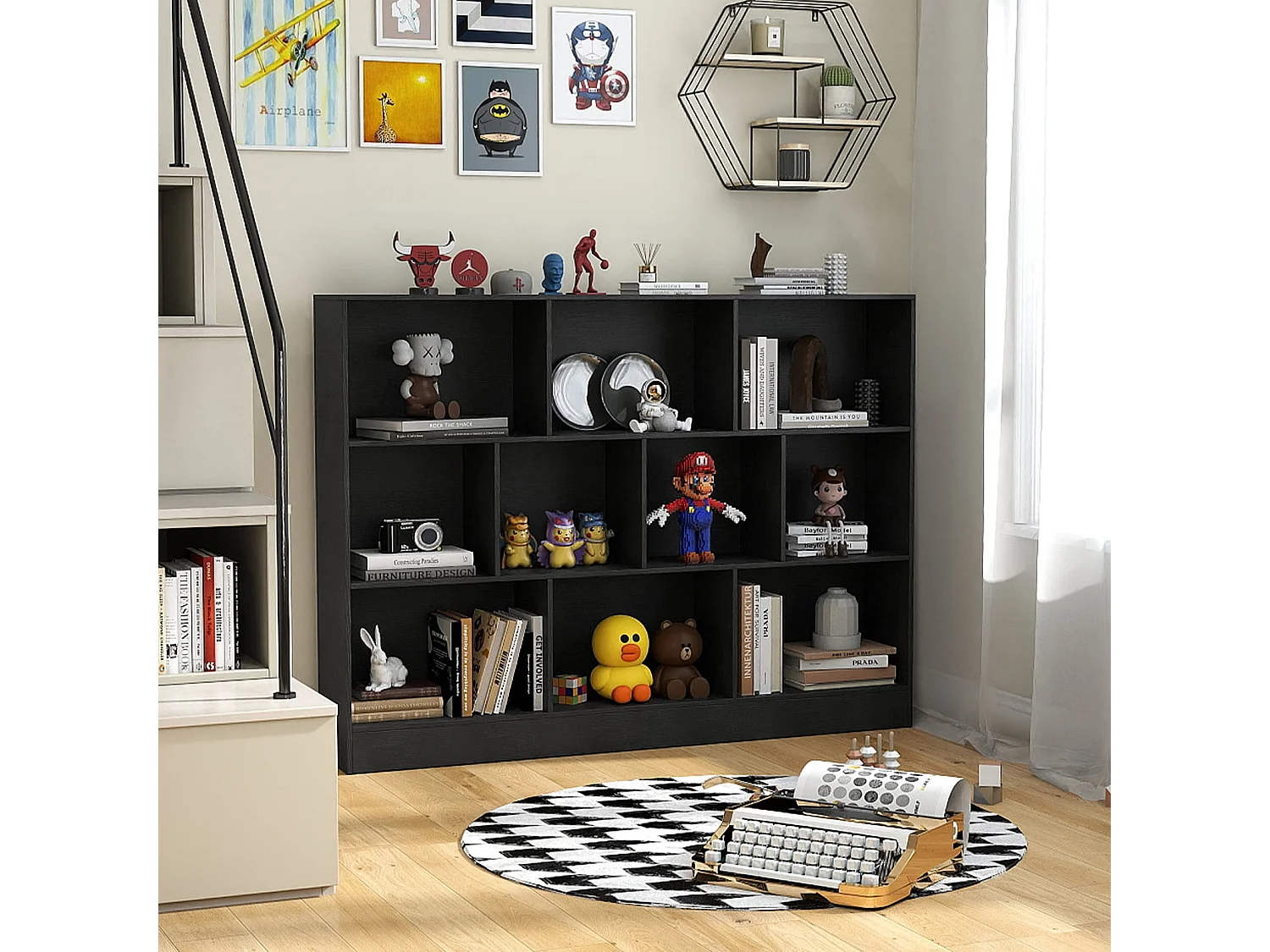 Bücherregal mit 10 Fächern freistehendes Aufbewahrungsregal mit 3 Ebenen und 2 Kippschutz-Sets Schwarz