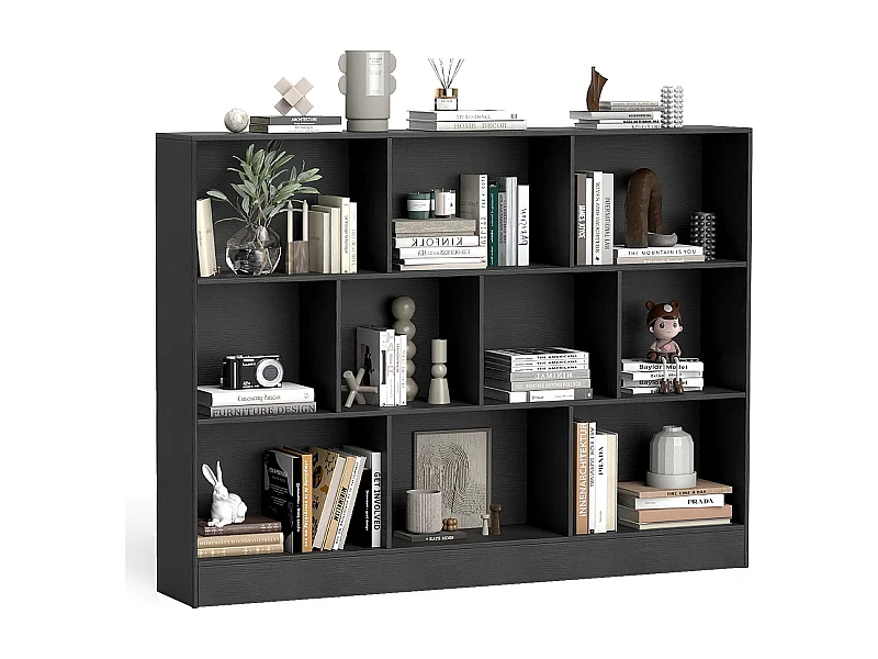 Bücherregal mit 10 Fächern freistehendes Aufbewahrungsregal mit 3 Ebenen und 2 Kippschutz-Sets Schwarz