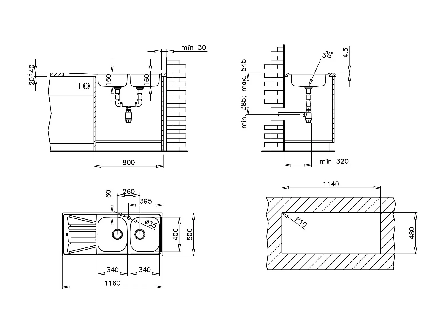 Basico pia com 2 cubas e 1 escorredor em aço inoxidável com tela microestruturada Teka