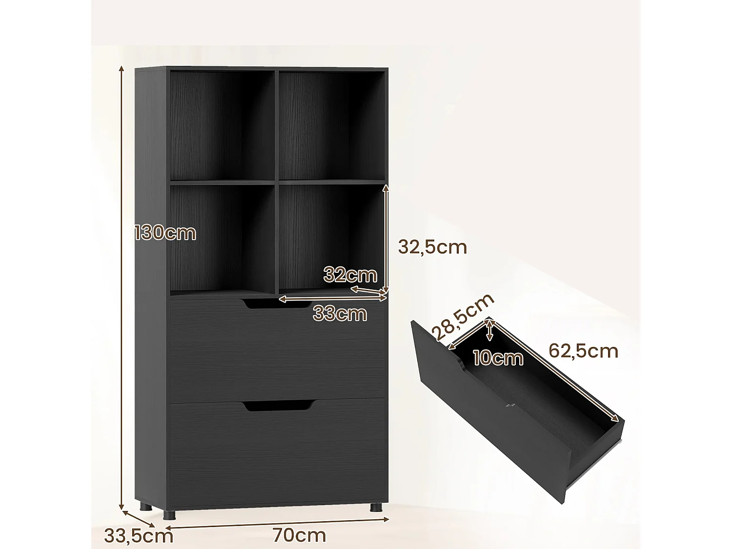 Wolnostojący regał z 2 szufladami Czarny regał na książki