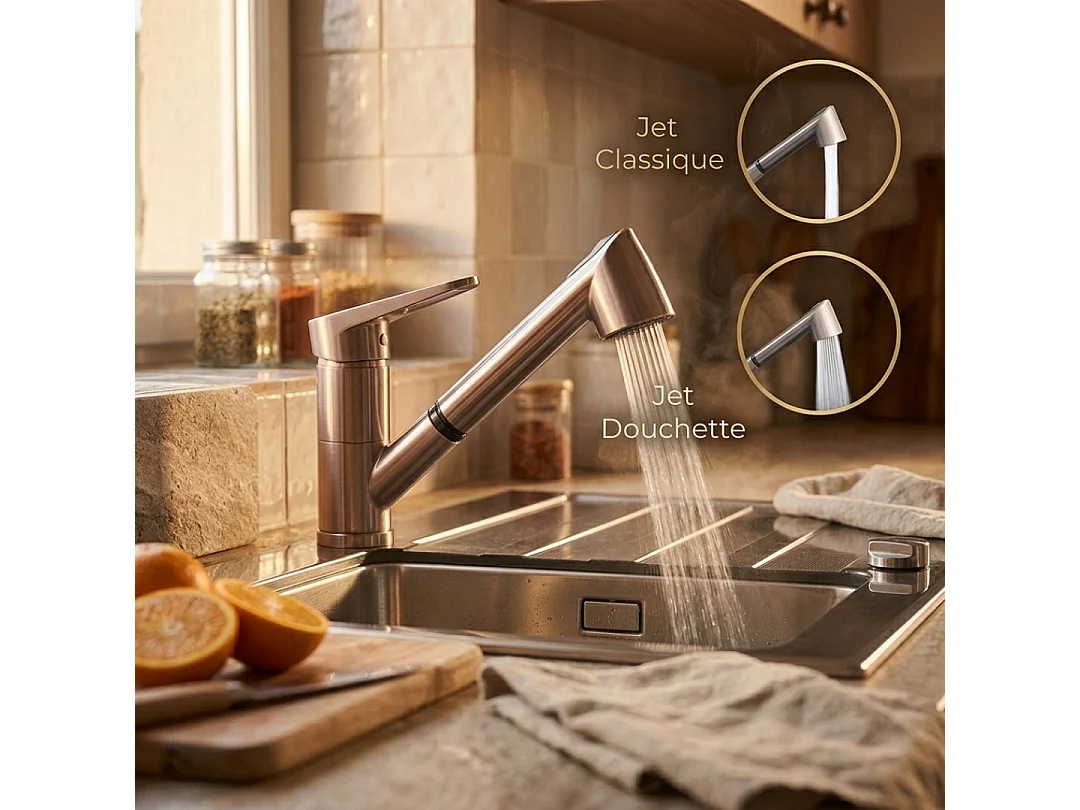 Embla mitigeur évier à douchette extractible façon inox - Essebagno