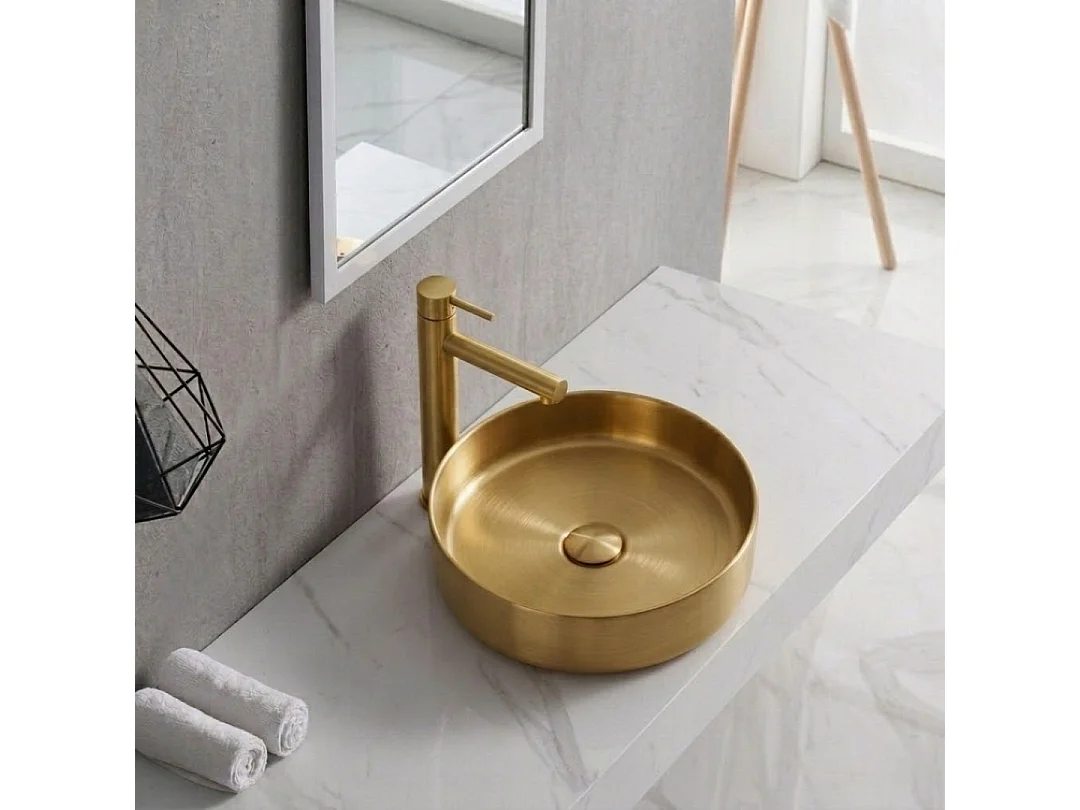Essenox ronde wastafel 37.5 cm in roestvrij staal geborsteld goud - Essebagno