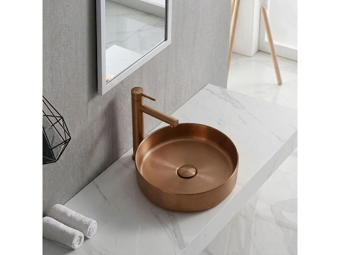 Essenox ronde wastafel 37.5 cm in roestvrij staal geborsteld koper - Essebagno