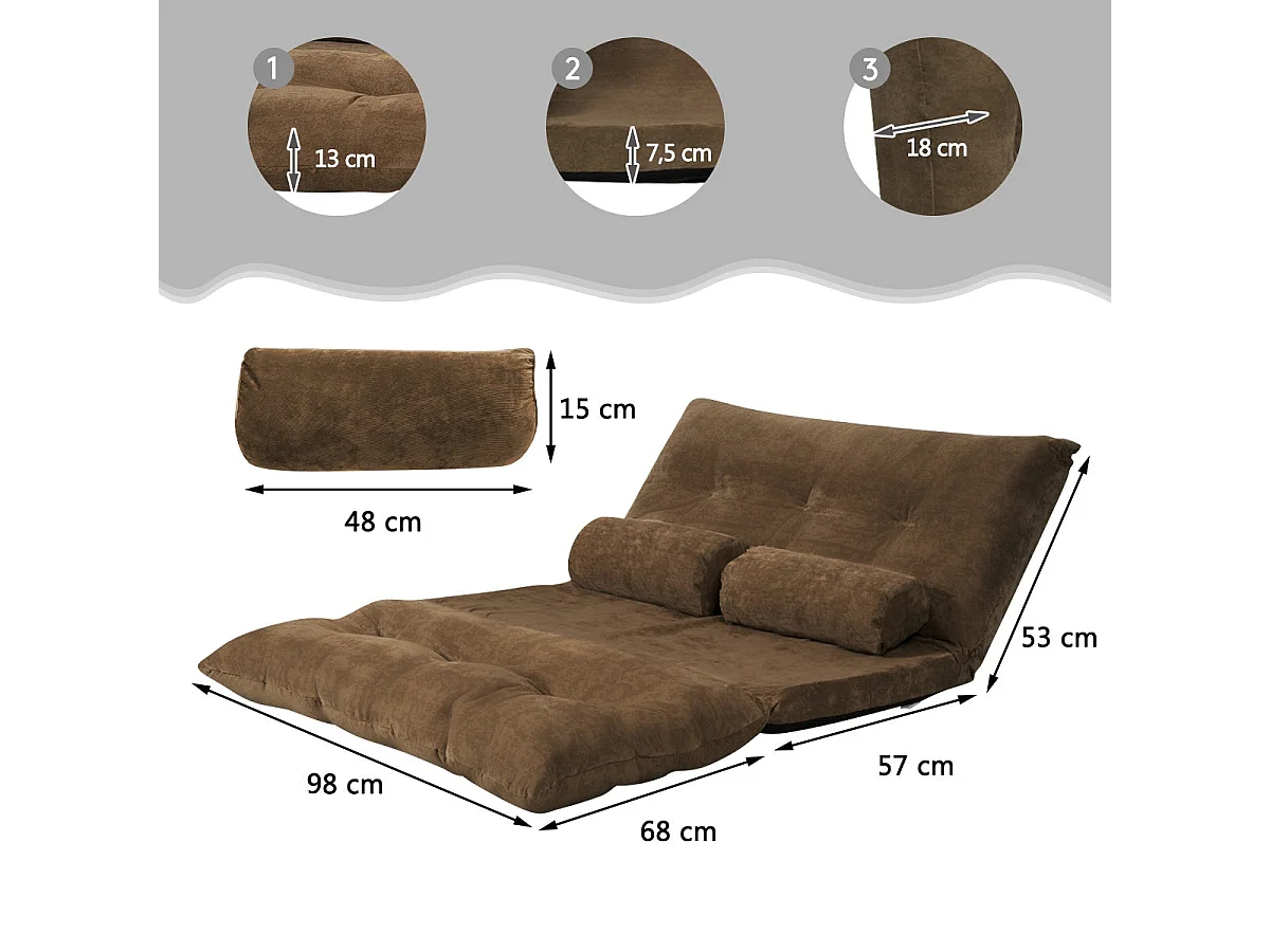 Fauteuil de sol réglable, 180 x 98 x 18 cm, marron café