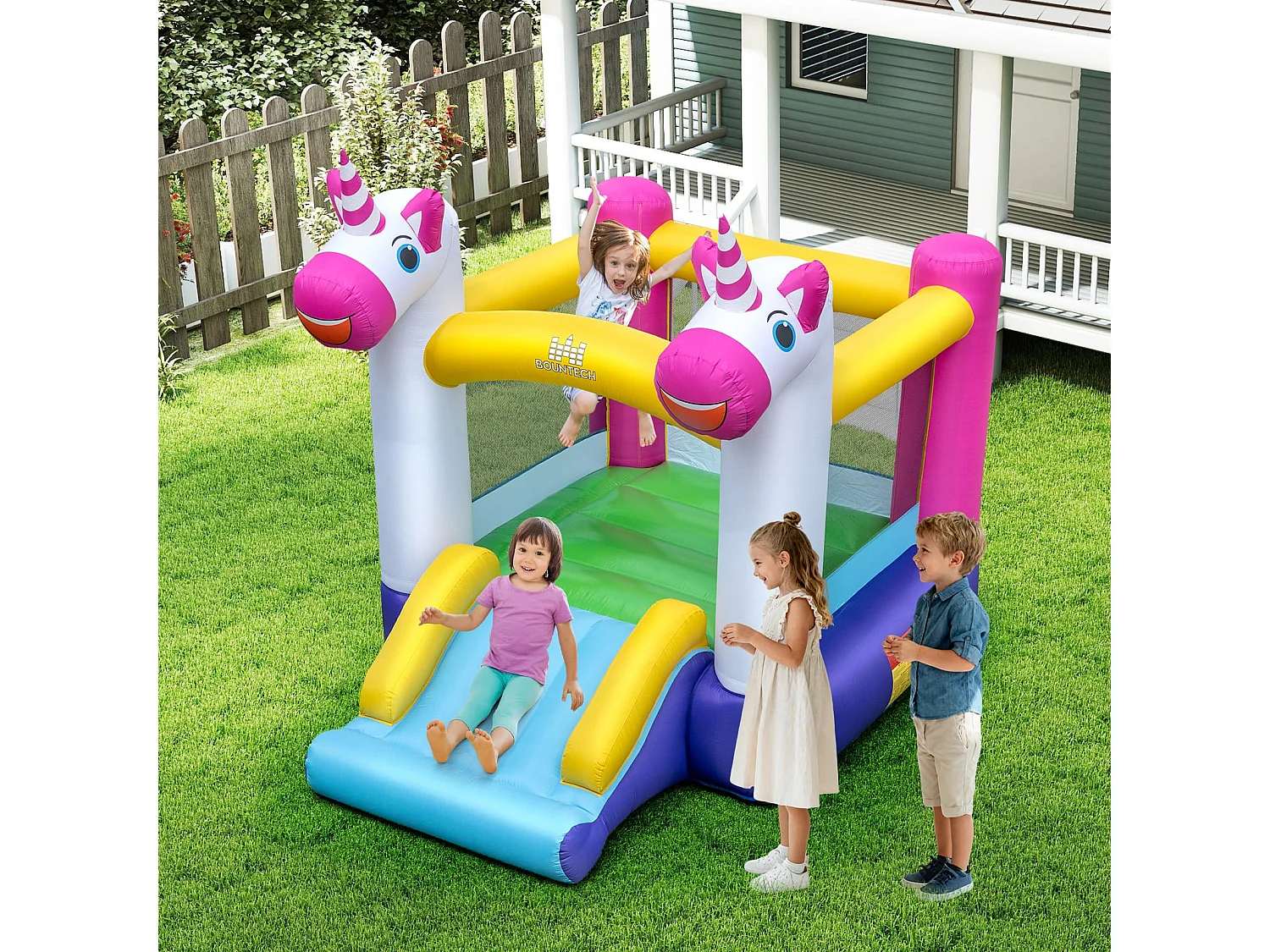 Hüpfburg mit Rutsche und Sprungbereich kleine Bouncy Castle für Kinder Innen- und Außenbereich Mehrfarbig