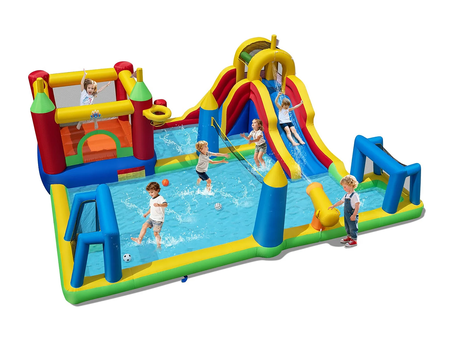 Hüpfburg mit Wasserrutsche Planschbecken Kletterwand Basketballkorb Sprungbereich 500 x 410 x 190 cm (ohne Gebläse)