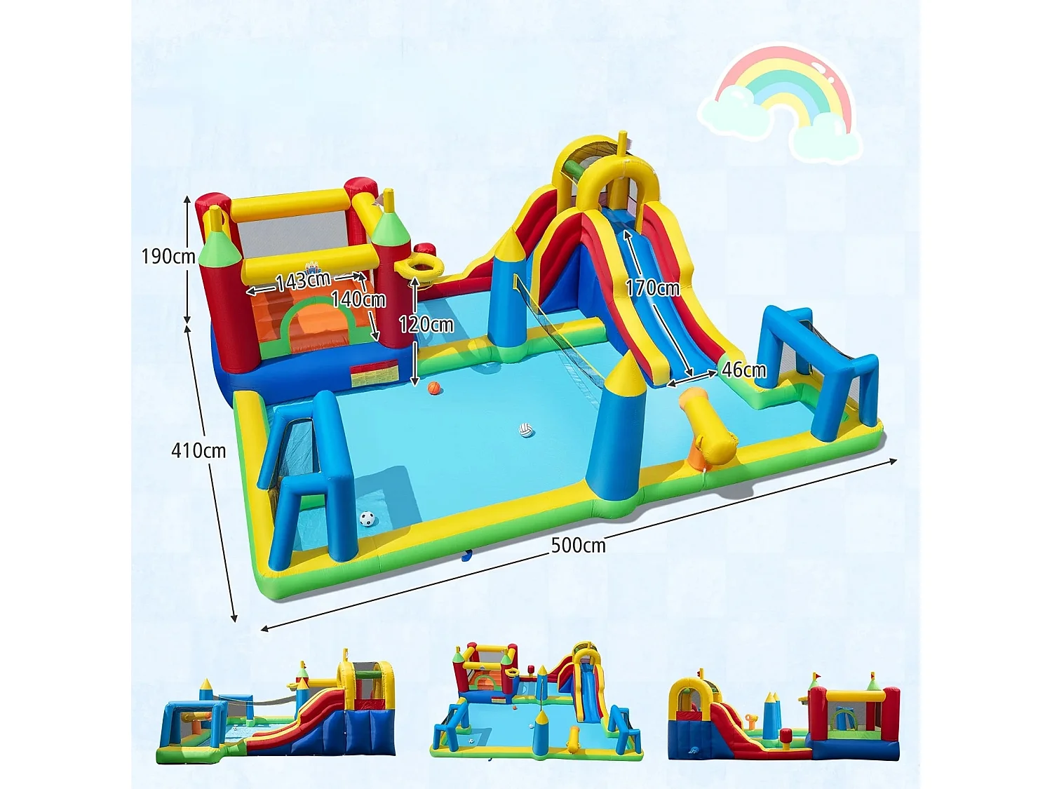 Hüpfburg mit Wasserrutsche Planschbecken Kletterwand Basketballkorb Sprungbereich 500 x 410 x 190 cm (ohne Gebläse)