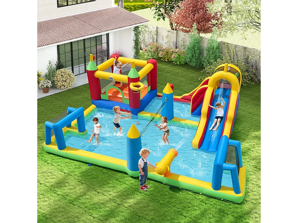 Hüpfburg mit Wasserrutsche Planschbecken Kletterwand Basketballkorb Sprungbereich 500 x 410 x 190 cm (ohne Gebläse)