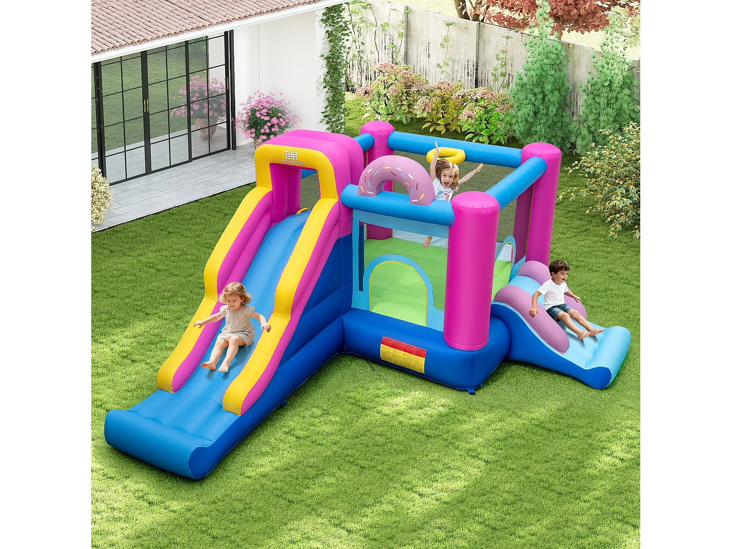 Aufblasbares Hüpfburg Donut-Thema Hüpfburg kinder mit langen Rutschen Mehrfarbig (ohne Gebläse)