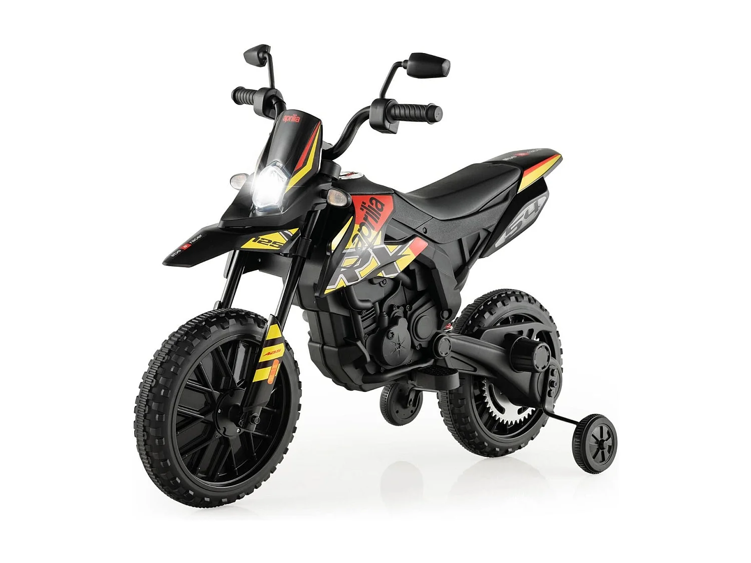 12V Kinder Elektro Motorrad mit Stützrädern Aprilia Lizensiertes Elektomotorrad Schwarz