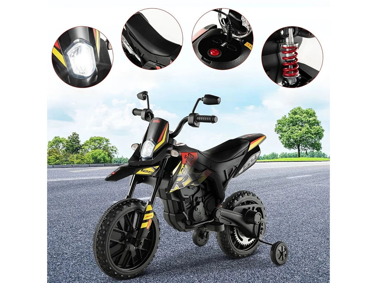 12V Kinder Elektro Motorrad mit Stützrädern Aprilia Lizensiertes Elektomotorrad Schwarz