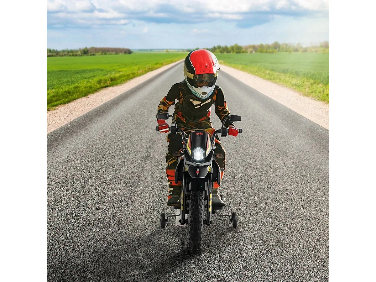 12V Kinder Elektro Motorrad mit Stützrädern Aprilia Lizensiertes Elektomotorrad Schwarz