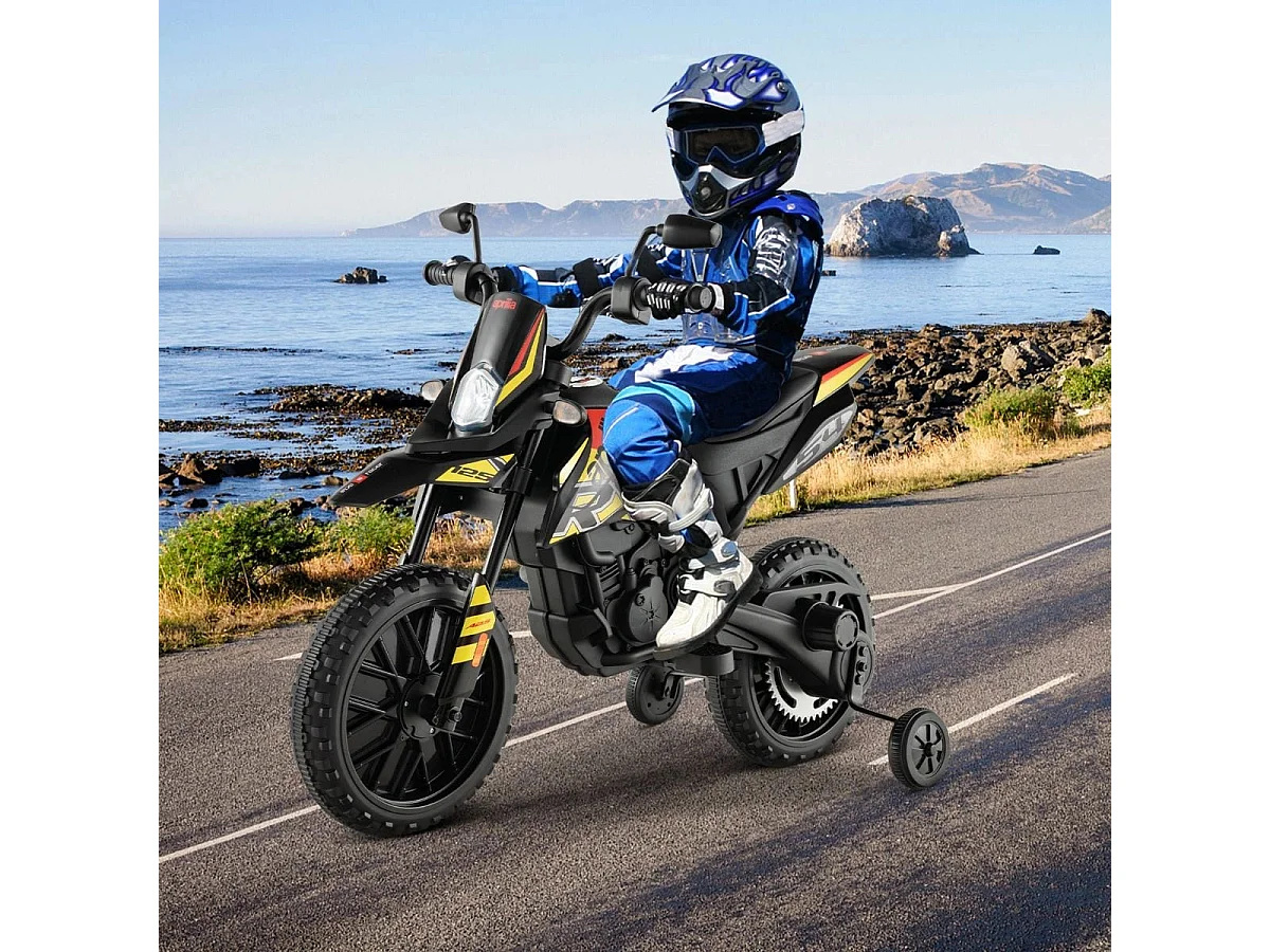 12V Kinder Elektro Motorrad mit Stützrädern Aprilia Lizensiertes Elektomotorrad Schwarz