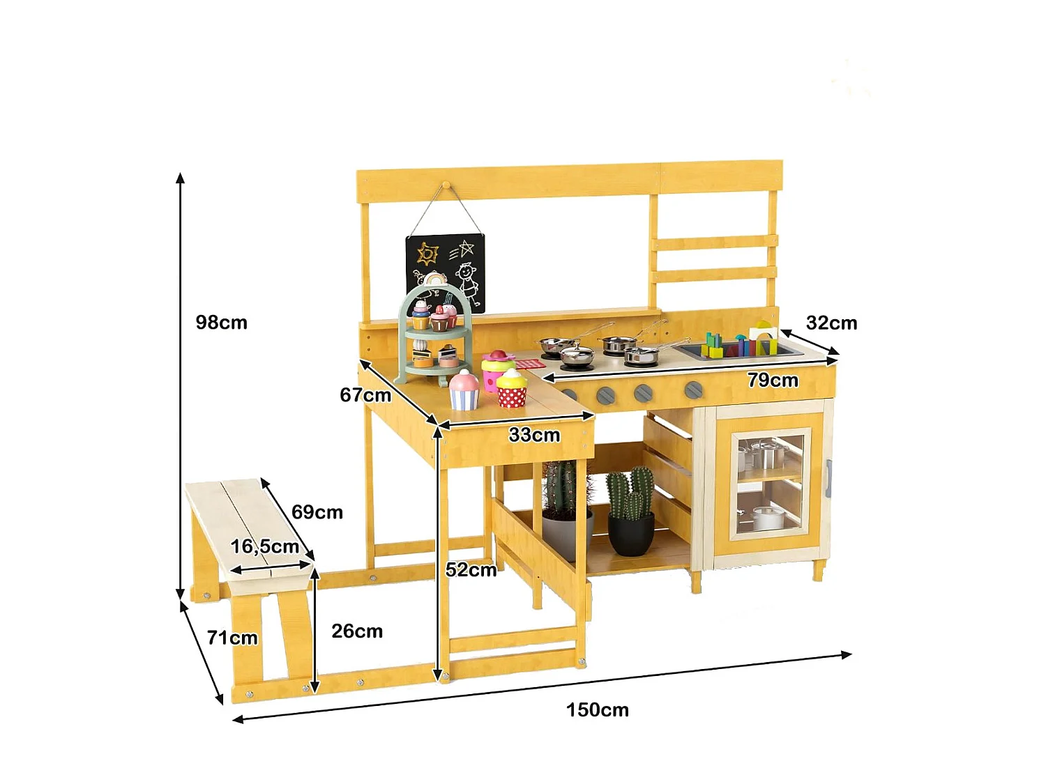 Cuisine de Boue avec Table de Pique-Nique pour Enfant Cuisine en Bois de Sapin avec Banc Intégré Tableau Noir Accessoires de Dessert Naturel