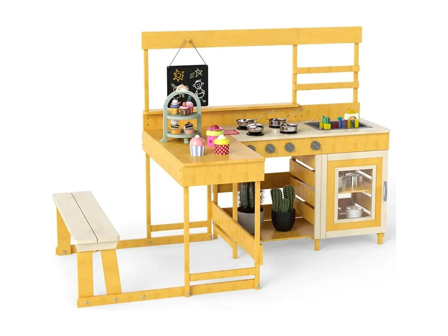 Cuisine de Boue avec Table de Pique-Nique pour Enfant Cuisine en Bois de Sapin avec Banc Intégré Tableau Noir Accessoires de Dessert Naturel