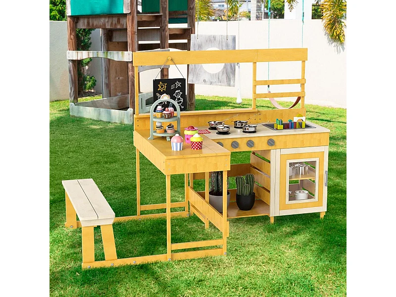 Cuisine de Boue avec Table de Pique-Nique pour Enfant Cuisine en Bois de Sapin avec Banc Intégré Tableau Noir Accessoires de Dessert Naturel