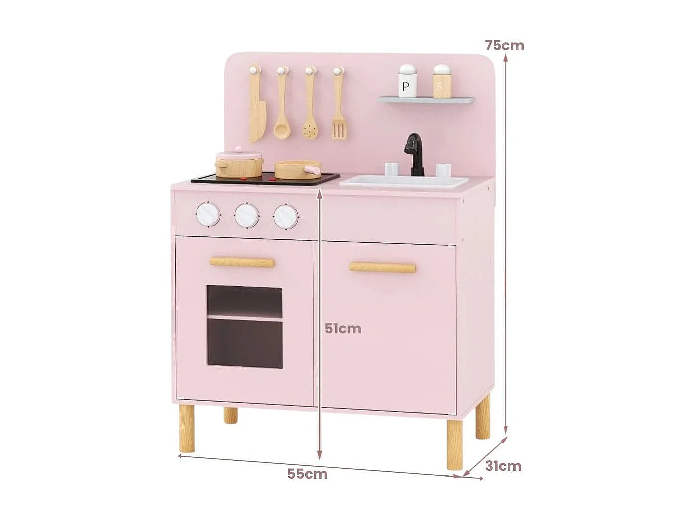 Cuisine de Jeu pour Enfants de +3 Ans Cuisine de Jeu En Bois avec Lumières Sons Cuisinières Evier Four et Accessoires de Cuisine Rose