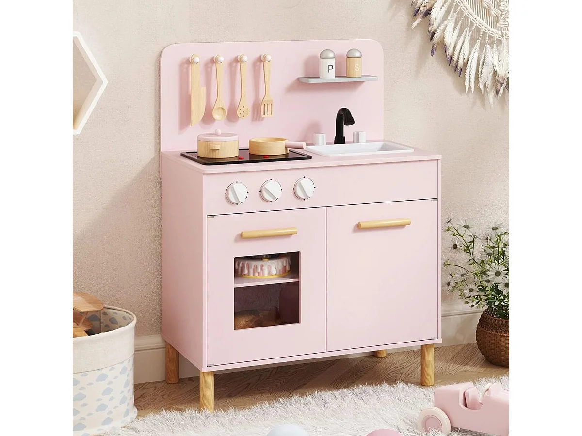 Cuisine de Jeu pour Enfants de +3 Ans Cuisine de Jeu En Bois avec Lumières Sons Cuisinières Evier Four et Accessoires de Cuisine Rose