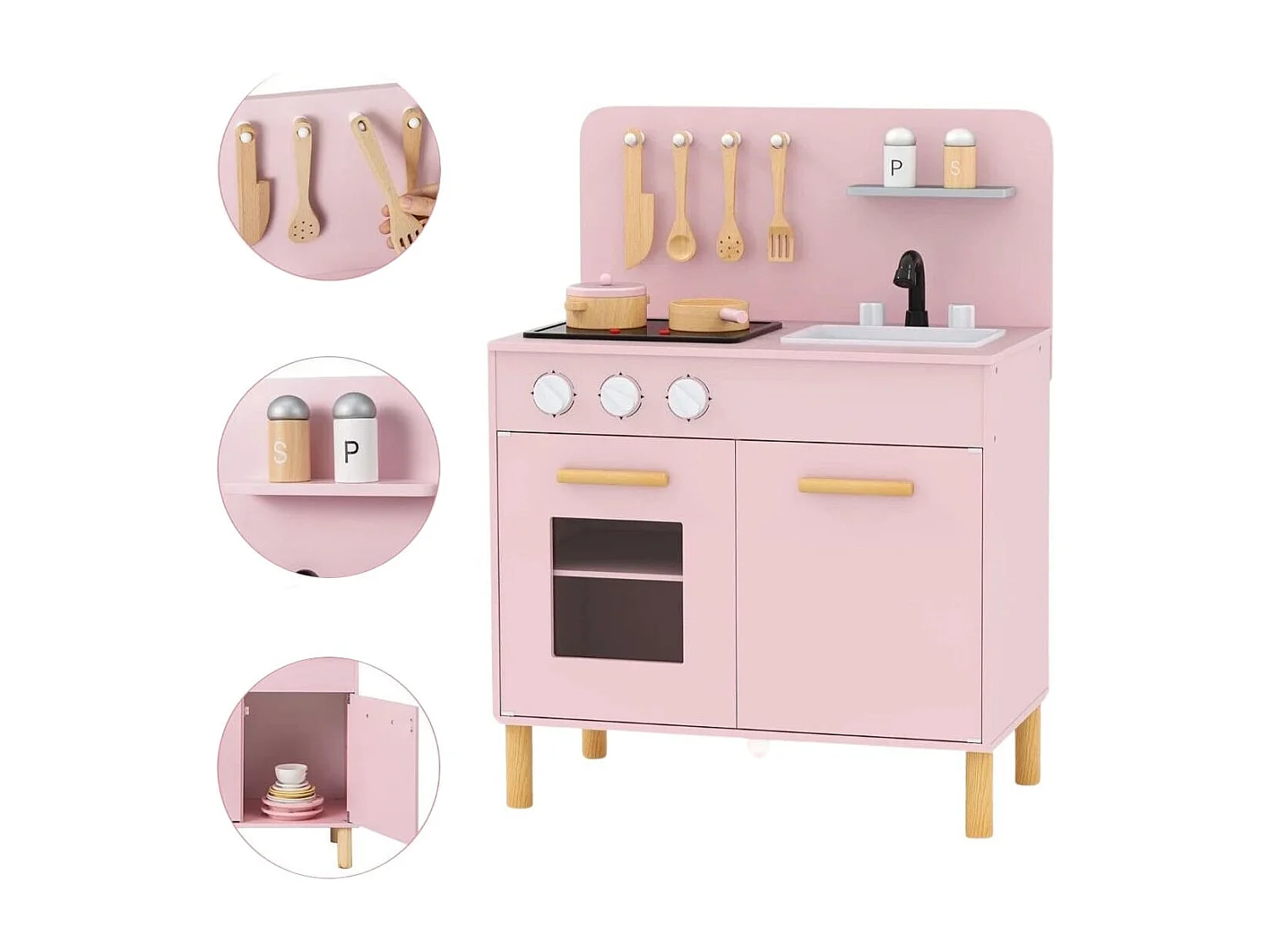 Cuisine de Jeu pour Enfants de +3 Ans Cuisine de Jeu En Bois avec Lumières Sons Cuisinières Evier Four et Accessoires de Cuisine Rose