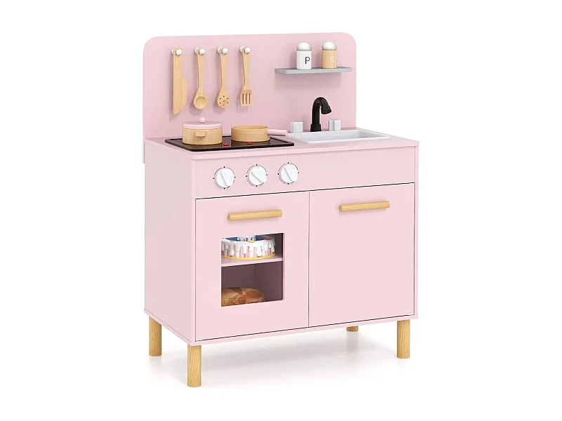 Cuisine de Jeu pour Enfants de +3 Ans Cuisine de Jeu En Bois avec Lumières Sons Cuisinières Evier Four et Accessoires de Cuisine Rose