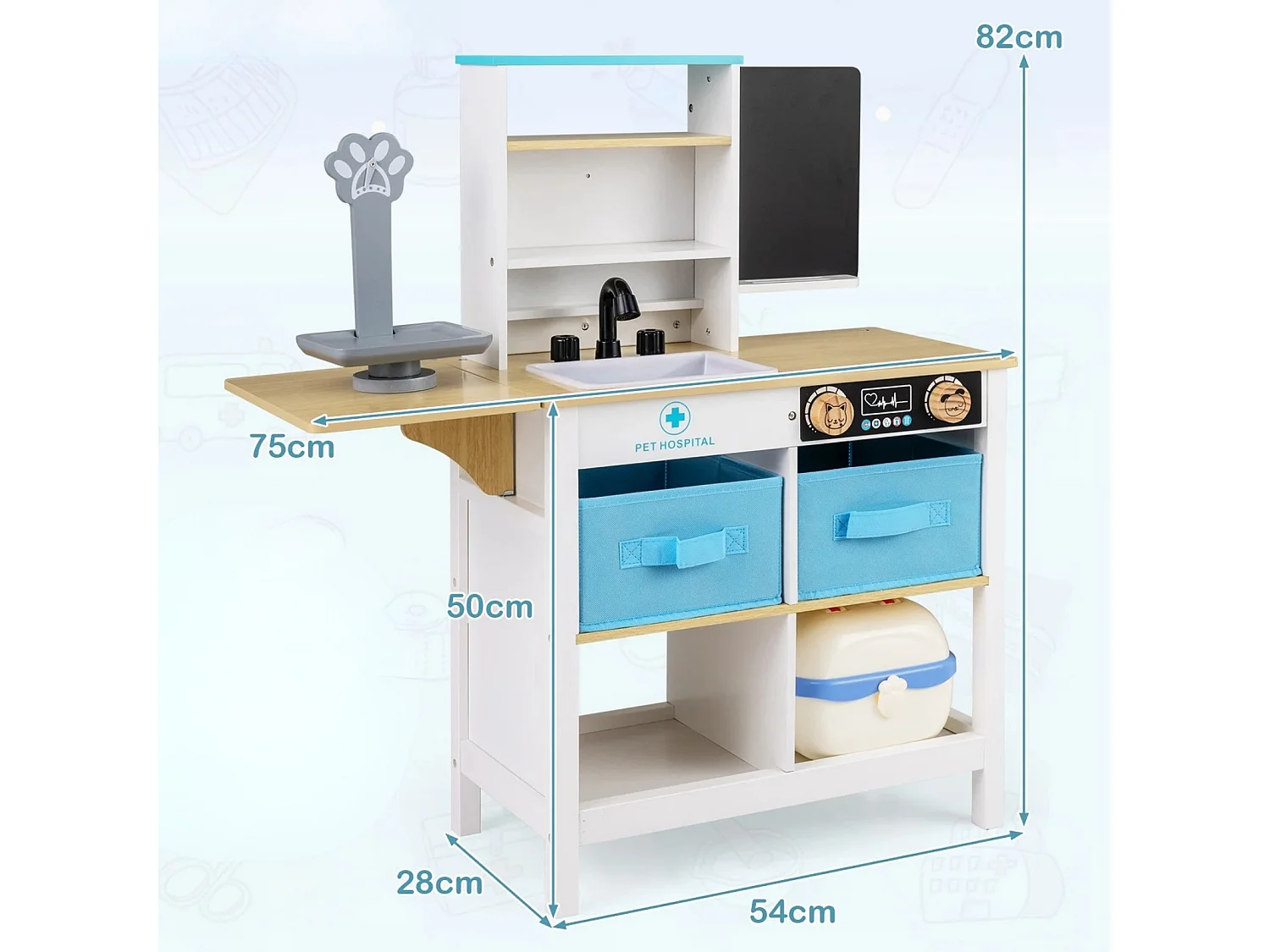 Kit de jeu cabinet médical Centre médical en bois avec tableau noir Balance pour animaux Robinet Évier pliable Blanc
