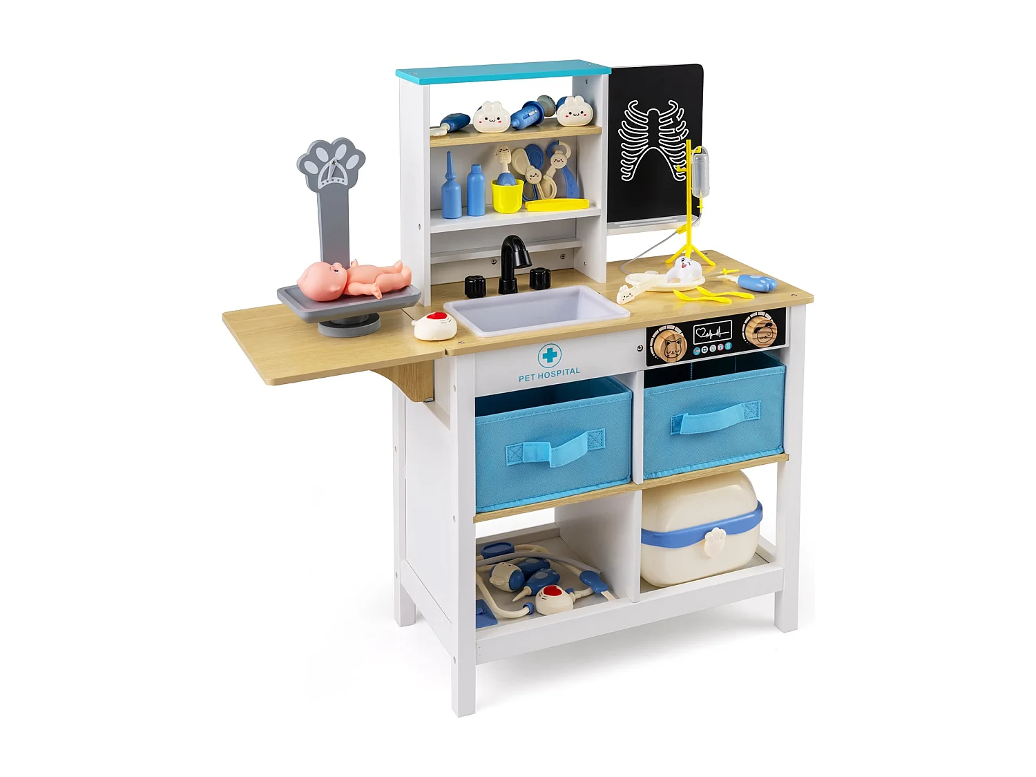 Kit de jeu cabinet médical Centre médical en bois avec tableau noir Balance pour animaux Robinet Évier pliable Blanc