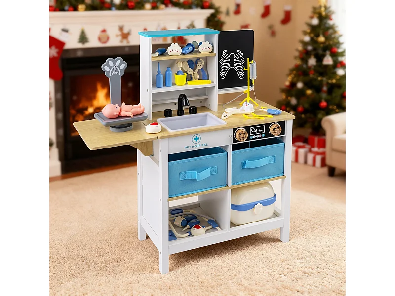 Kit de jeu cabinet médical Centre médical en bois avec tableau noir Balance pour animaux Robinet Évier pliable Blanc