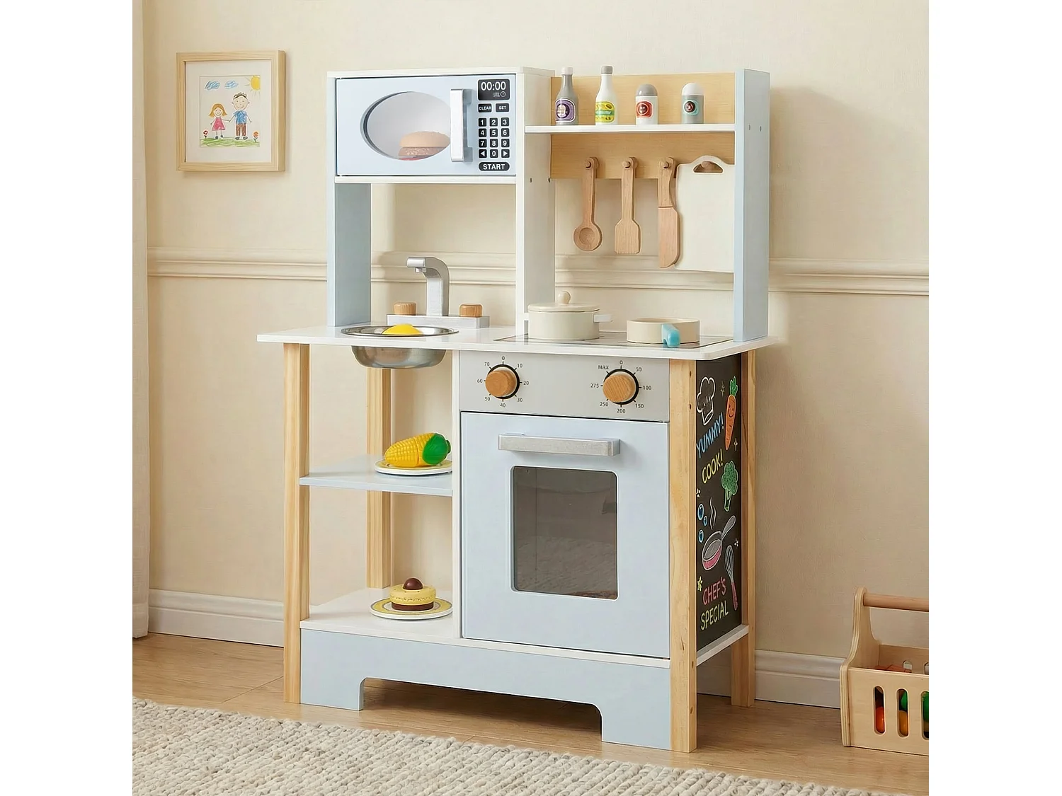 Cuisine de jeu avec tableau noir & micro-ondes & cuisinière & égouttoir & robinet & évier Cuisine pour enfants bleu