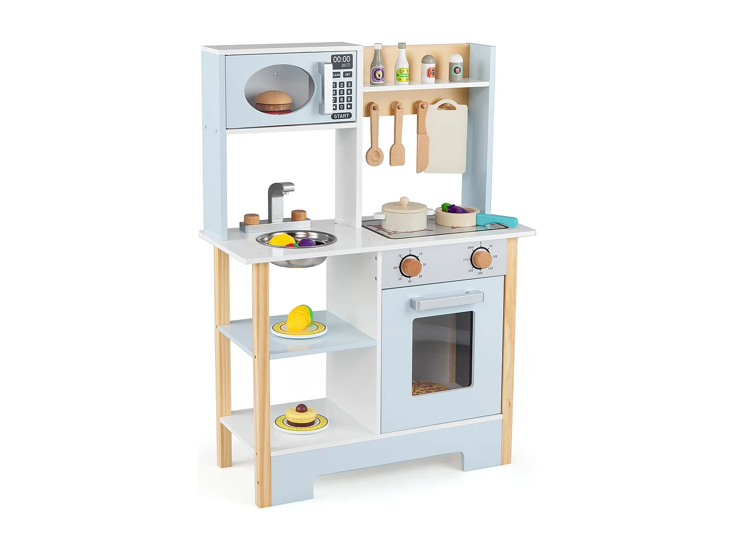 Cuisine de jeu avec tableau noir & micro-ondes & cuisinière & égouttoir & robinet & évier Cuisine pour enfants bleu