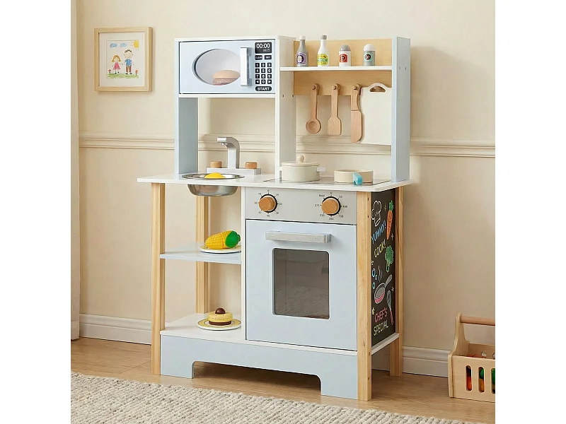 Cuisine de jeu avec tableau noir & micro-ondes & cuisinière & égouttoir & robinet & évier Cuisine pour enfants bleu