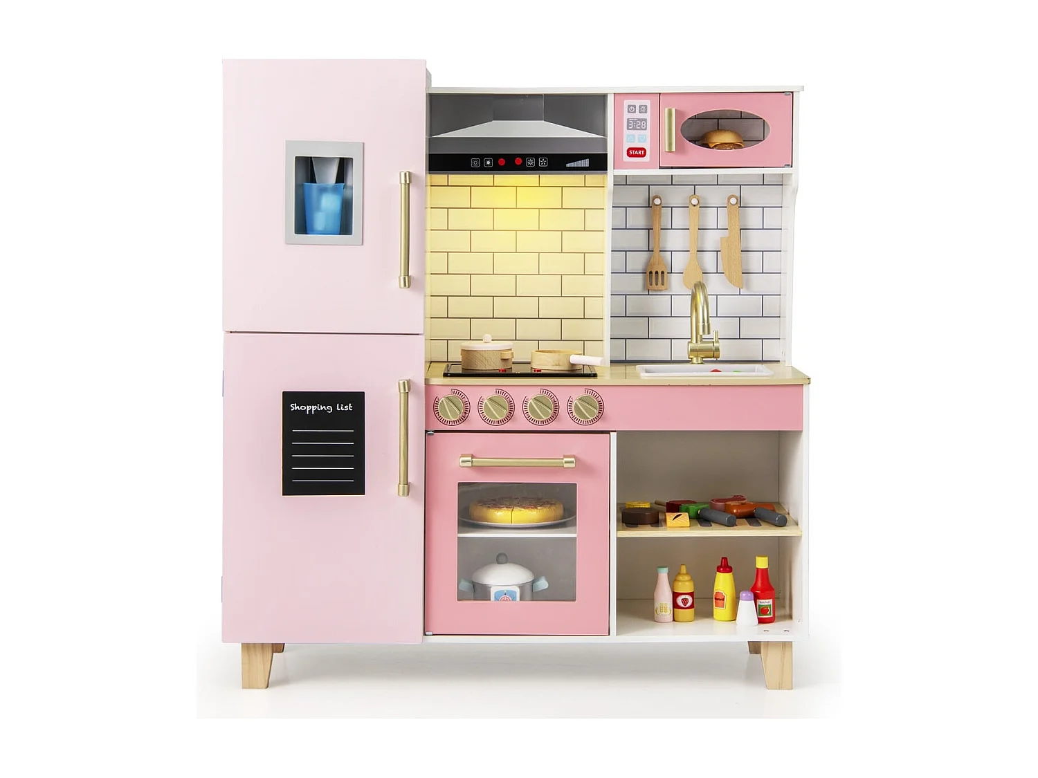 Cuisine pour Enfants en Bois avec Machine à Glaçons Hotte Tableau Noir Barbecue Ustensiles avec Lumières et Sons Cadeau pour les 3+ Ans Rose
