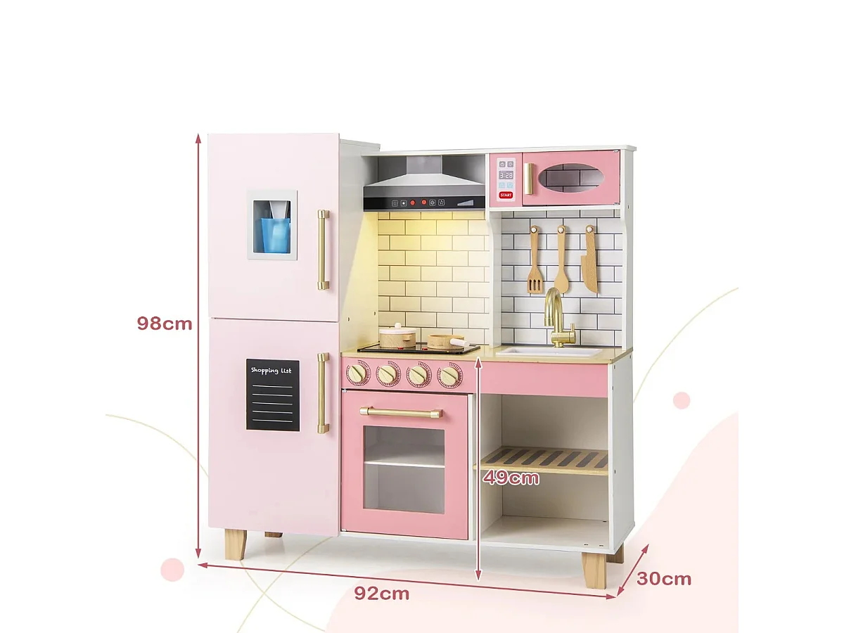 Cuisine pour Enfants en Bois avec Machine à Glaçons Hotte Tableau Noir Barbecue Ustensiles avec Lumières et Sons Cadeau pour les 3+ Ans Rose
