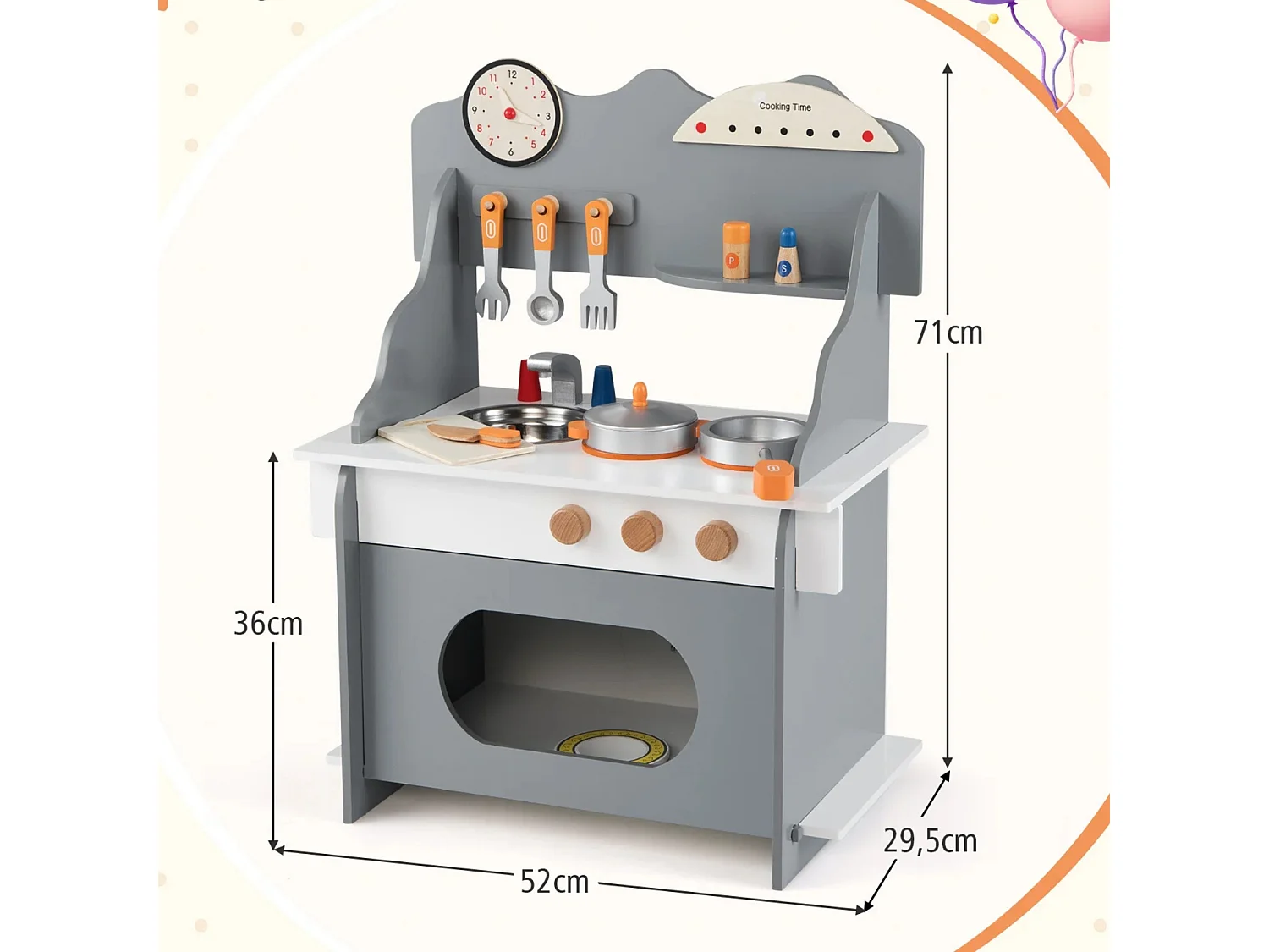 Cuisine de jeu pour enfants avec accessoires complets Cuisines de poupée avec horloge & cuisinière & étagère à épices Gris