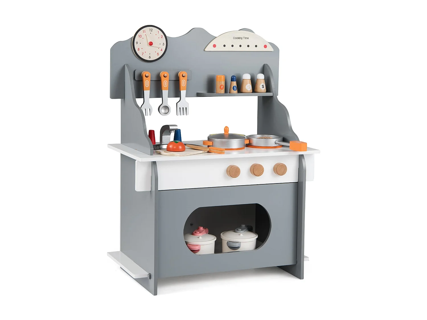 Cuisine de jeu pour enfants avec accessoires complets Cuisines de poupée avec horloge & cuisinière & étagère à épices Gris