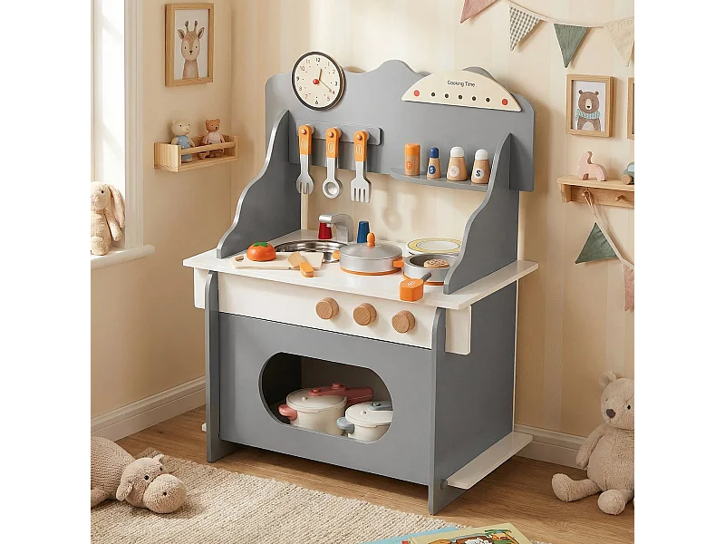 Cuisine de jeu pour enfants avec accessoires complets Cuisines de poupée avec horloge & cuisinière & étagère à épices Gris