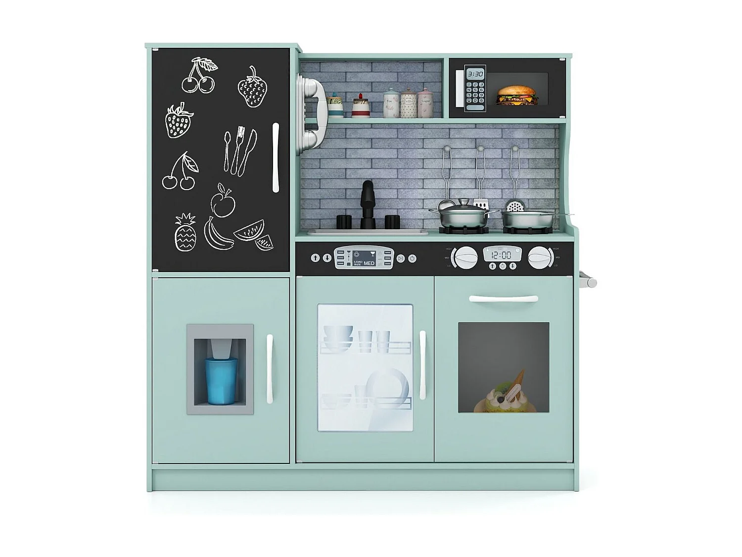 Cuisine de Jeu d'imitation avec Tableau Noir Téléphone Micro-ondes Fabrique de Glaçons Lave-vaisselle et Four pour 3-6 Ans Vert