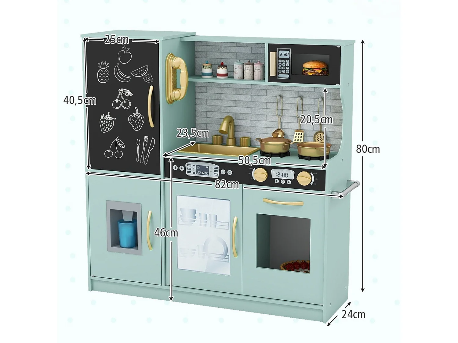 Cuisine de Jeu d'imitation avec Tableau Noir Téléphone Micro-ondes Fabrique de Glaçons Lave-vaisselle et Four pour 3-6 Ans Vert