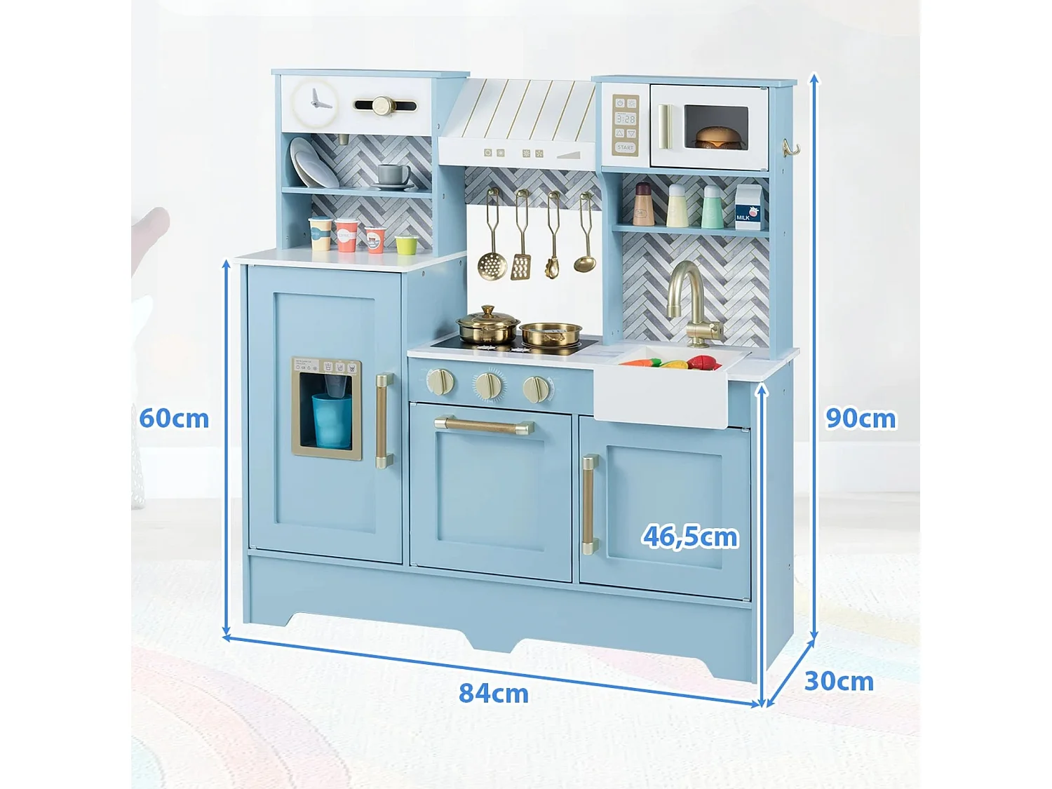 Cuisine Enfant Jouet en Bois avec Plaques de Cuisson Robinet Évier Horloge Machine à Café Hotte Aspirante Micro-Ondes pour 3 à 6 Ans Bleu