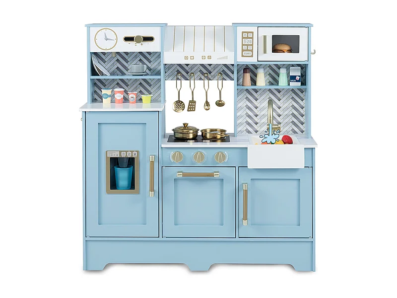 Cuisine Enfant Jouet en Bois avec Plaques de Cuisson Robinet Évier Horloge Machine à Café Hotte Aspirante Micro-Ondes pour 3 à 6 Ans Bleu