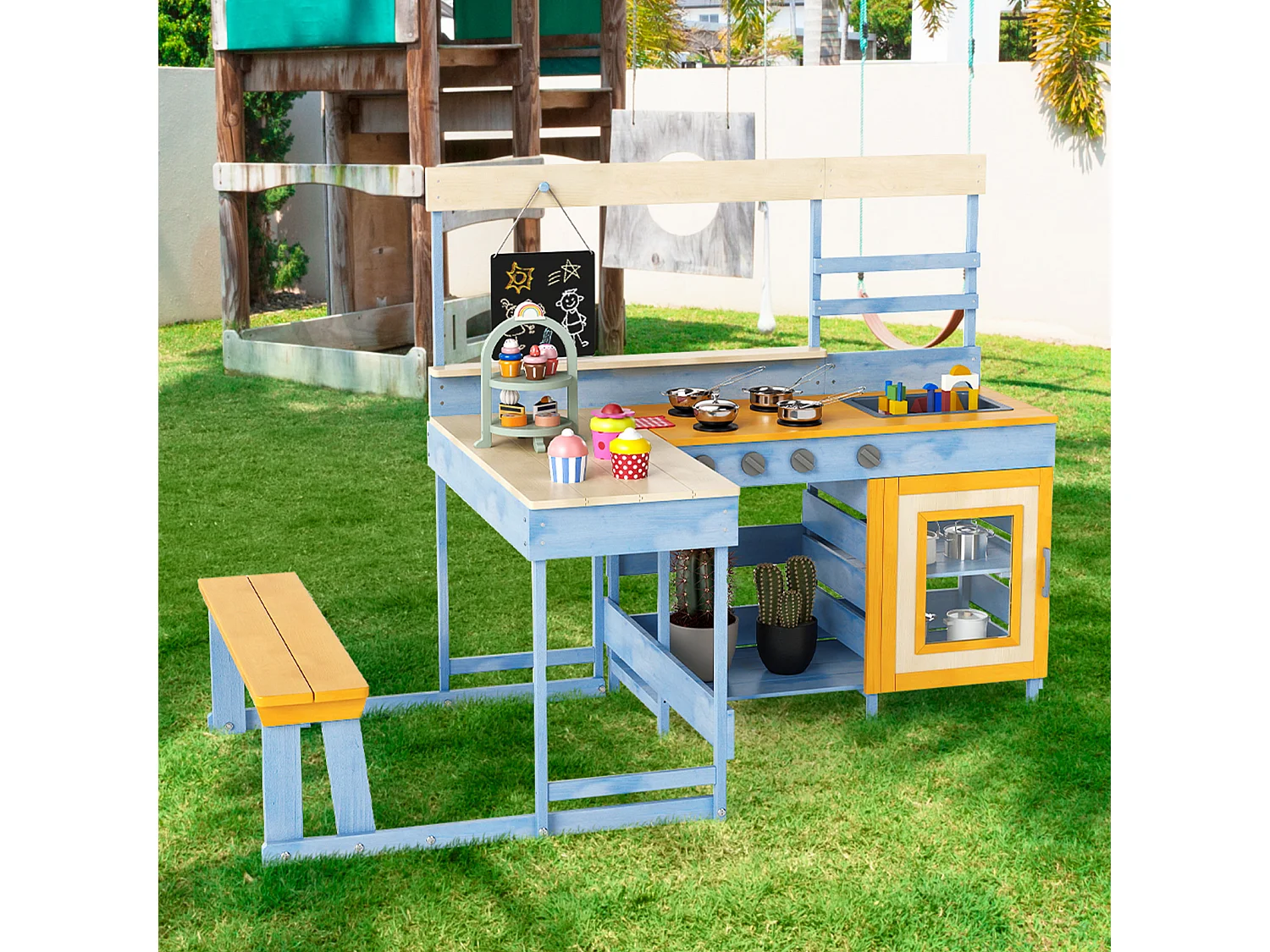 Cuisine de Boue avec Table de Pique-Nique pour Enfants Cuisine en Bois de Sapin avec Banc Intégré Tableau Noir Accessoires de Dessert Bleu