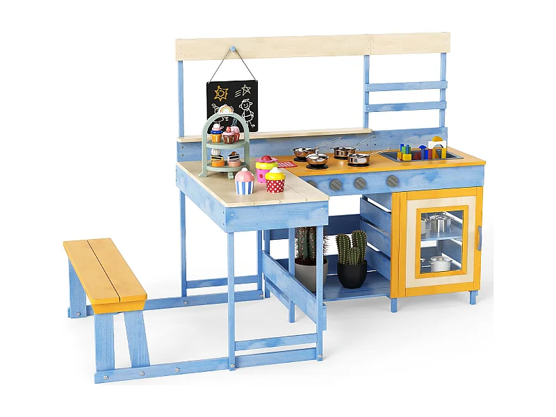 Cuisine de Boue avec Table de Pique-Nique pour Enfants Cuisine en Bois de Sapin avec Banc Intégré Tableau Noir Accessoires de Dessert Bleu