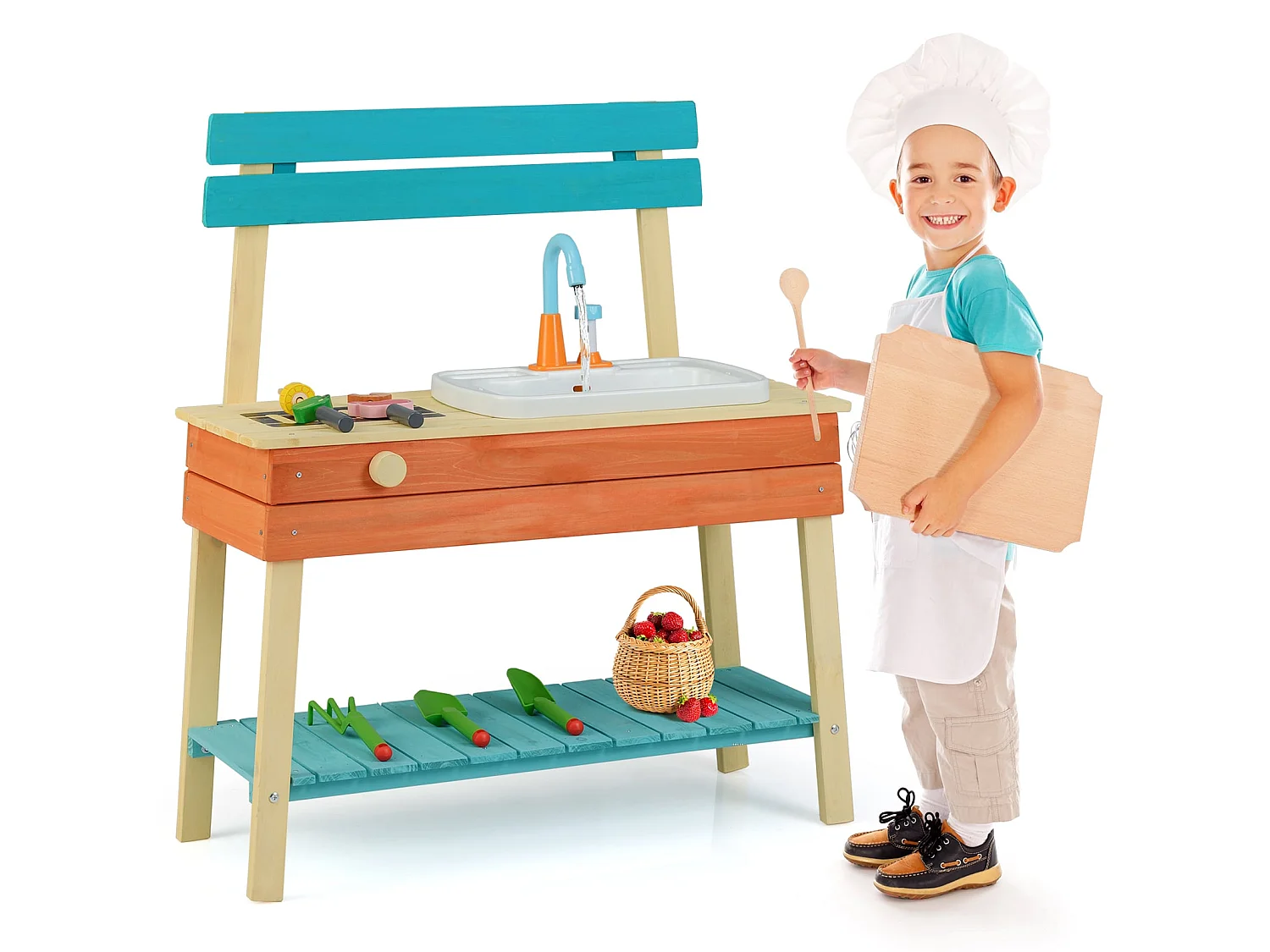 Cuisine de Jeu pour Enfants Jouet Cuisine avec Aliments Brochettes en Bois Grille de Barbecue Bouton de Rotation Robinet pour 3-8 ans Bleu