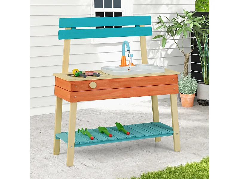 Cuisine de Jeu pour Enfants Jouet Cuisine avec Aliments Brochettes en Bois Grille de Barbecue Bouton de Rotation Robinet pour 3-8 ans Bleu