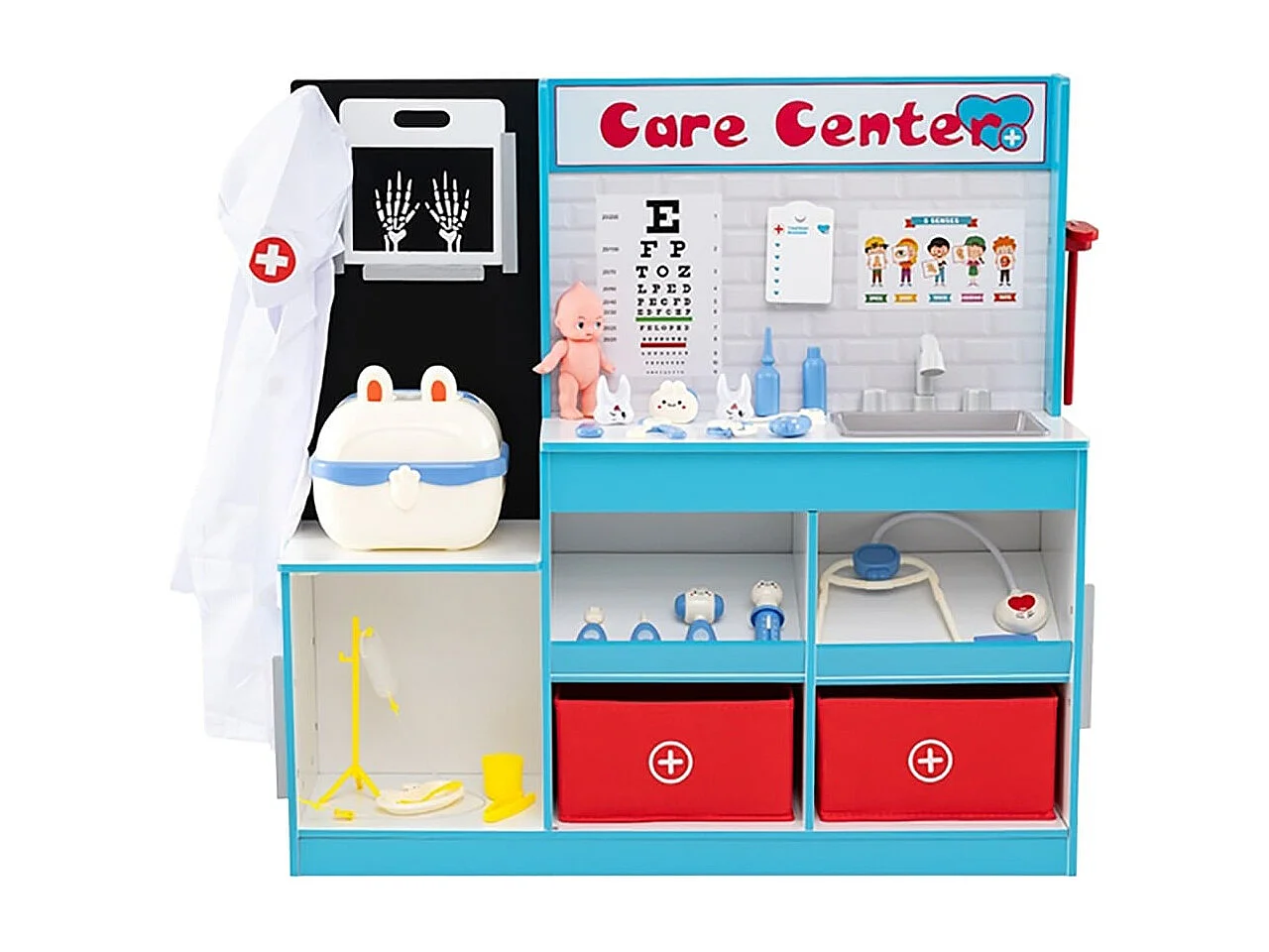 Centre Médical en Bois Enfants avec Zone d'Examen Film Radiographique Moniteur ECG Tableau de Vision Robinet Évier Bleu