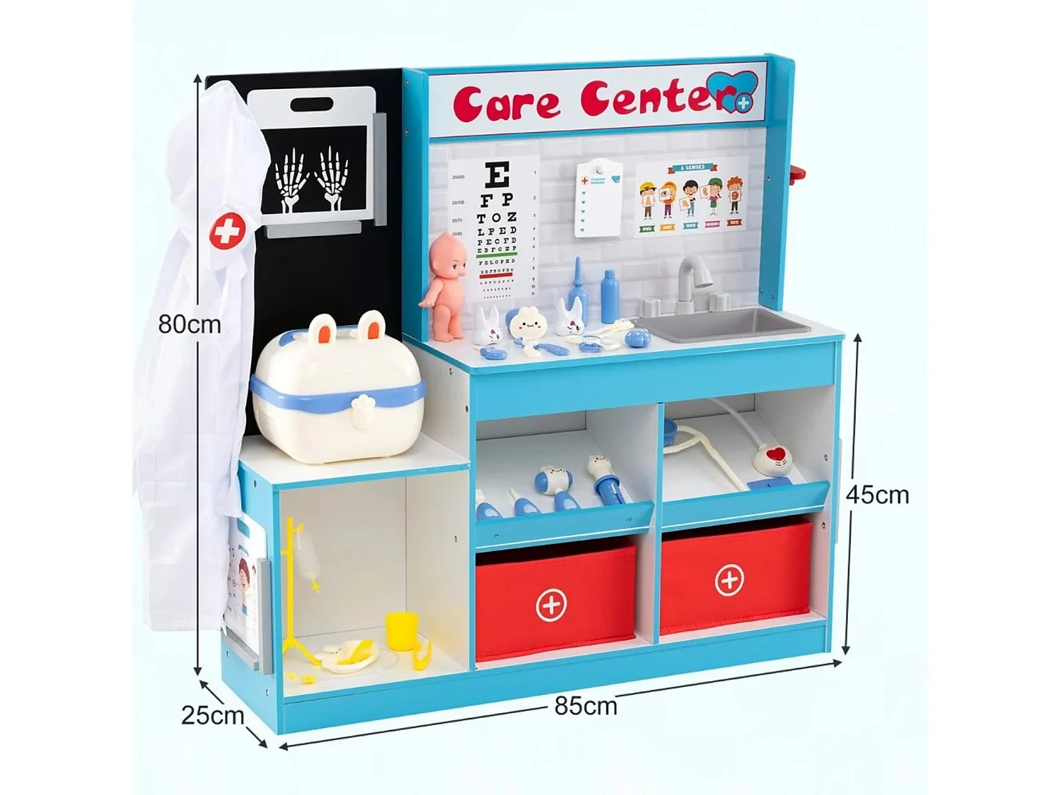 Centre Médical en Bois Enfants avec Zone d'Examen Film Radiographique Moniteur ECG Tableau de Vision Robinet Évier Bleu