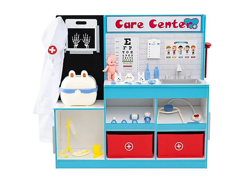 Centre Médical en Bois Enfants avec Zone d'Examen Film Radiographique Moniteur ECG Tableau de Vision Robinet Évier Bleu